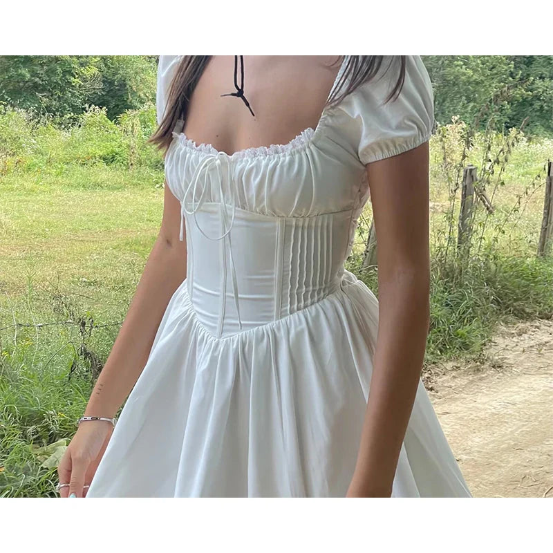 lovwvol New Women Sweet Lace Trim Slim White Dress Short Sleeve Lace Up Back Female Holiday Party Casual Dress Summer Robe Cotton