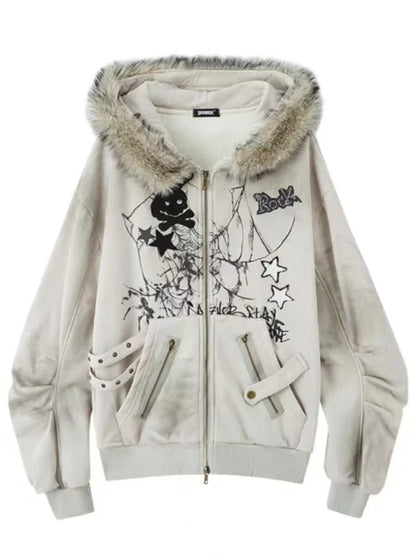 lovwvol  -  Vintage Harajuku Graffiti Star Gothic Jackets Patchwork Fur Grunge Y2k Kawaii Rabbit Ears Hoodies Casual Warm Loose Women Coats