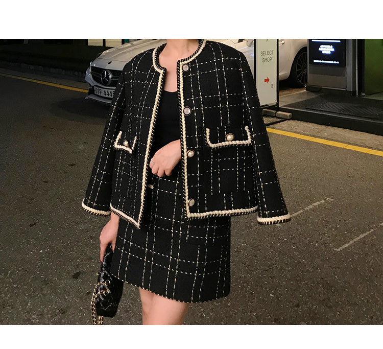 European Style Autumn Winter 2 Piece Set Women Short Woolen Tweed Jacket Coat & Bodycon Mini Skirt Set Women Two Piece Outfits