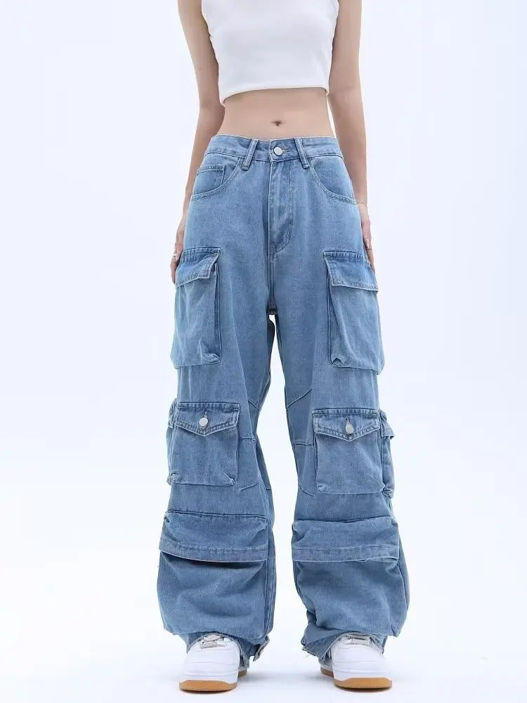 lovwvol Y2k Vintage Cargo Pants Women Multi-pocket Blue High Waist Jeans Streetwear Fashion Harajuku Casual Denim Wide Leg Pants