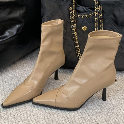 Fashion Women 7cm High Heels Chic Ankle Boots Winter Warm Fur Pointed Toe Sock Boots Beige Back Zipper Stretch Short Boots Shoes