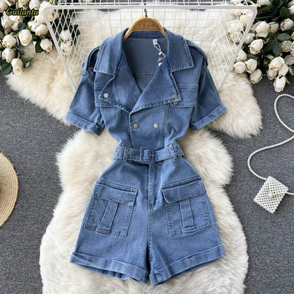 Guilantu Summer Vintage Denim Playsuits Women's Short Sleeve Bodycon Casual Shots Rompers Jumpsuit Jeans Overalls For Women