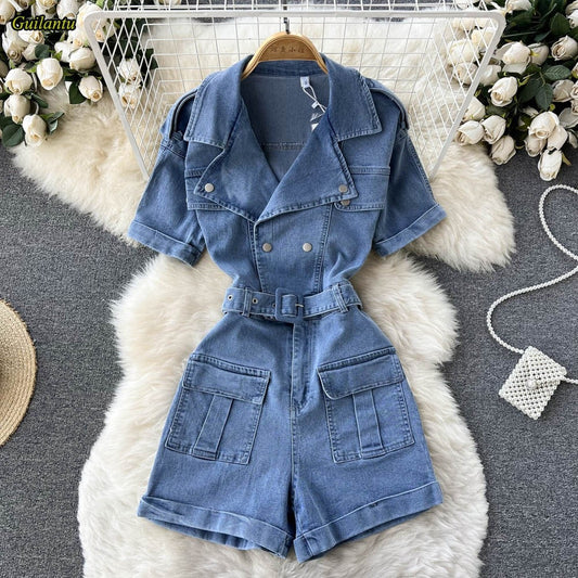 Guilantu Summer Vintage Denim Playsuits Women's Short Sleeve Bodycon Casual Shots Rompers Jumpsuit Jeans Overalls For Women