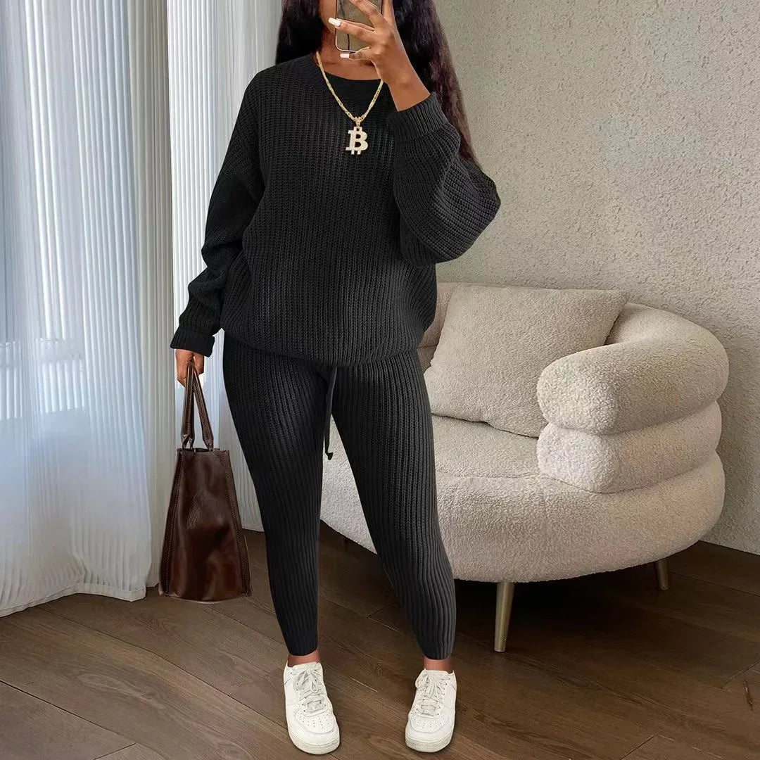 lovwvol  -  Winter Two Piece Sets Women Clothing Autumn Fashion Casual Solid Round Neck Pullover Loose Pit Knitted Sweater Pants Suits