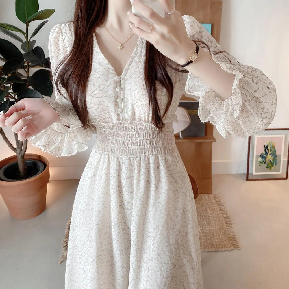 lovwvol Vintage French Style Floral Print V-neck Chiffon Robe Female Pleated Slim Waist Chiffon Dress Women Clothing Autumn  Vestido