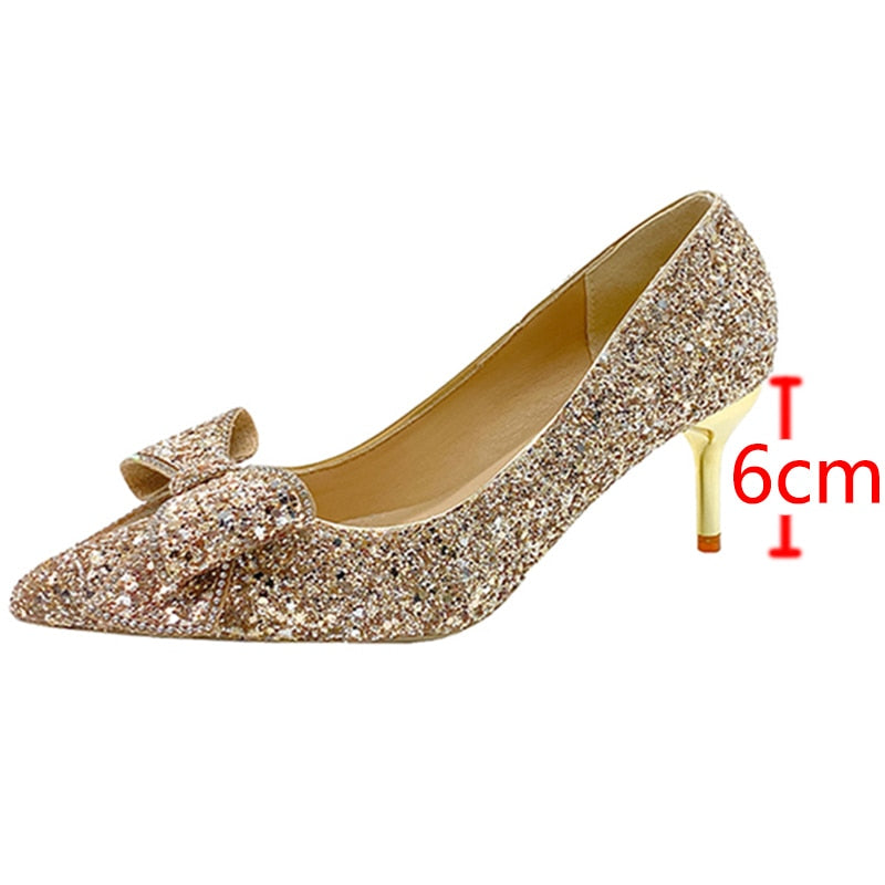 lovwvol Shiny Sequins High Heels Pumps Women 2023 New Crystal Bowtie Thin Heeled Wedding Party Shoes Woman Luxury Pointed Toe Red Pumps