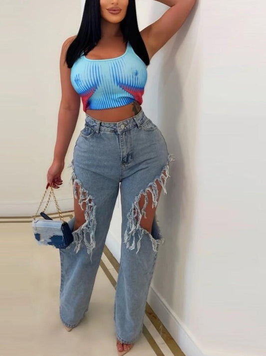 Light Blue Ripped Baggy Jeans Women Sexy Tassels Patchwork Mid Waist Denim Trousers Summer 2023 Female Bottoms Streetwear