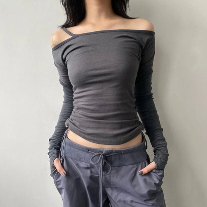 lovwvol Streetwear Skinny Drawstring Autumn T-shirts Female Casual Patchwork Off Shoulder Top Long Sleeve Retro Tee Pullover