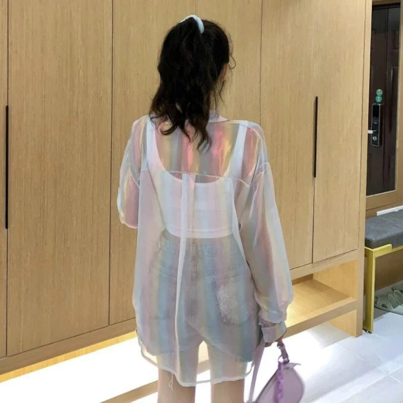 lovwvol Transparent Blouse with Sequins Button Up Shirt Women Y2k Sexy Beauty Sheer Top Night Club Beach Girls Summer Clothes