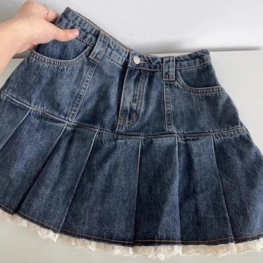 lovwvol   Vintage Denim Skirt Sweet Women Mini Skirts Lace Retro Y2K Patchwork Pleated Blue Casual Korean Streetwear Short Skirt