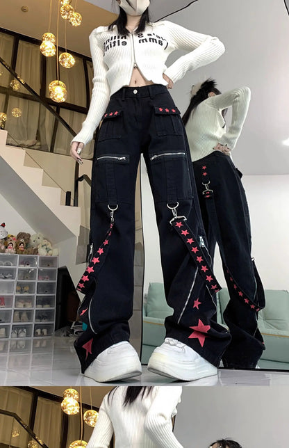 lovwvol Women's Black Gothic Baggy Cargo Jeans with Star Harajuku Y2k 90s Aesthetic Denim Trousers Emo 2000s Jean Pants Vintage Clothes