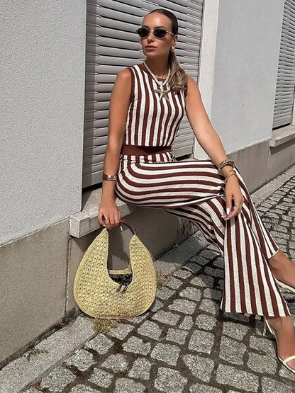 lovwvol Fashion Stripe Printed Slim Top Pants Suit Women Elegant O Neck Sleeveless Tops High Waist Pants Set 2024 New Lady Street Outfit