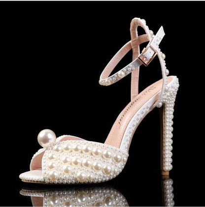 Women Sandals Fashion High Quality Wedding Shoes Women New Pearls Studs Luxury Peep Toe High Heels Buckle Woman Sandal 43