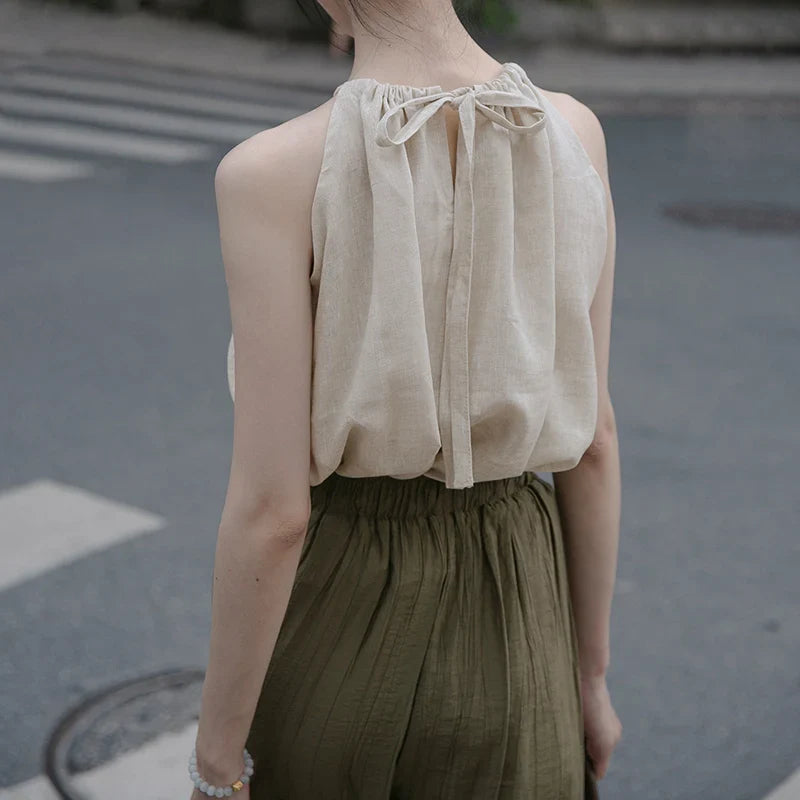 lovwvol  100% Linen Sexy Halter Women Summer Top Solid Sleeveless Back Bandage Lace Up Korean Harajuku  Tank Tops Vintage Clothes