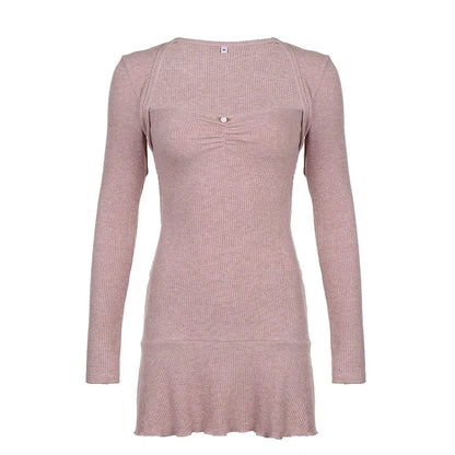 lovwvol Korean Square Neck Pink Autumn Dress Women Sweet Fold Coquette Clothes Slim Basic Knit Mini Dress Elegant Stylish New