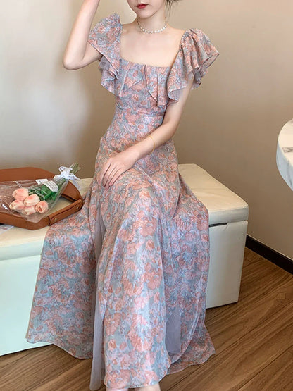 lovwvol Summer Elegant Chiffon Floral Strap Dress Women's Mesh Stitching Strapless Mixi Dress Holiday Ladies  Female Robe