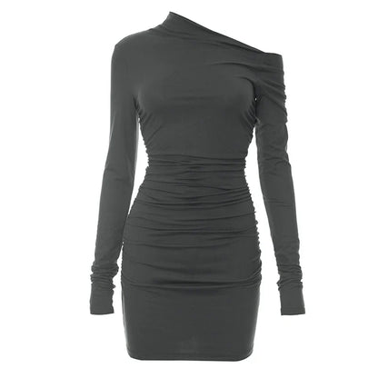 Solid Slant Neck Long Sleeve Shrink Pleated Wrap Hipster Dress Women Elegant Sexy Casual Mini  One-Piece Dress  Daily