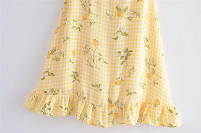 lovwvol New Fashion Summer French Vintage Pastoral Style Fresh Plaid Lemon Print Fungus Edge Lace Mini Dress Women