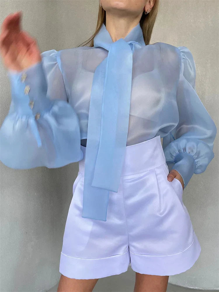 lovwvol White Chiffon Top Shirts For Women Elegant Long Lantern Sleeve Mesh T-shirt See-Through Blouse Bow Sheer Ladies Shirts