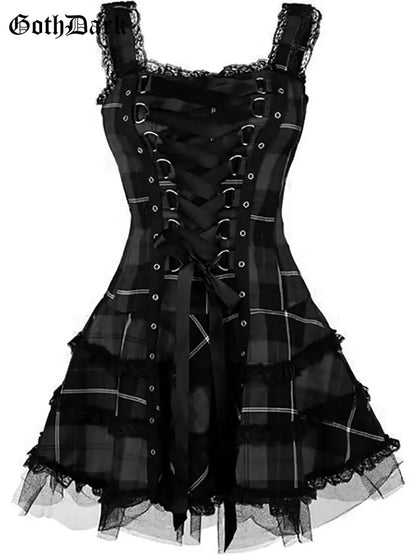 Plaid Bandage Gothic Women A-line Dresses Grunge Aesthetic Lace Trim Patchwork Mini Dress Punk Bodycon Sexy Partywear