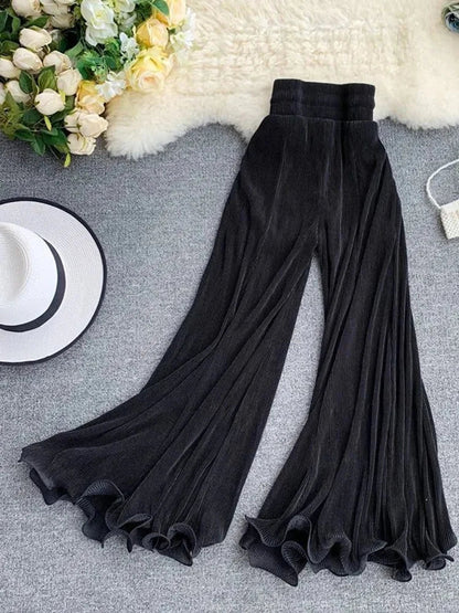 Women Flare Pants Loose Gauze Elastic High Waist Ruffle Chiffon Ladies Trousers Fashion Black White Summer Female Pants New