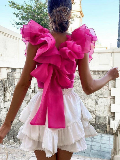 lovwvol lovwvol summer chiffon blouse women transparent organza pink puff ruffle sleeve back bow blouse sexy slim short tops female camisole New