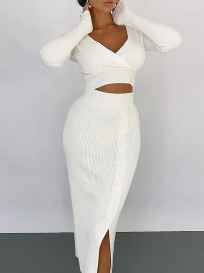 lovwvol  -  Autumn Knitted V-Neck Crop Top Midi Skirts Sets Women Winter Long Sleeve T-Shirt 2 Piece Set Female Button Split Skirt Suit