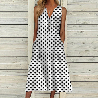 lovwvol Summer Dress Women V Neck Sleeveless Pocket Button Loose Maxi Dresses Vintage Print Party Dress 2024 A-Line Beach Dress