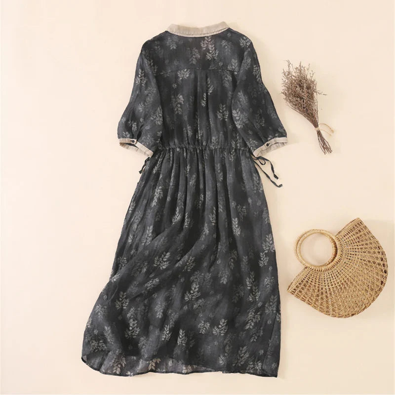 lovwvol Limiguyue Black Printed Dress Summer Thin V-Neck Drawstring Women Maxi Long Dress Vintage Bohemian Pleated Vestidos Lapel  J457