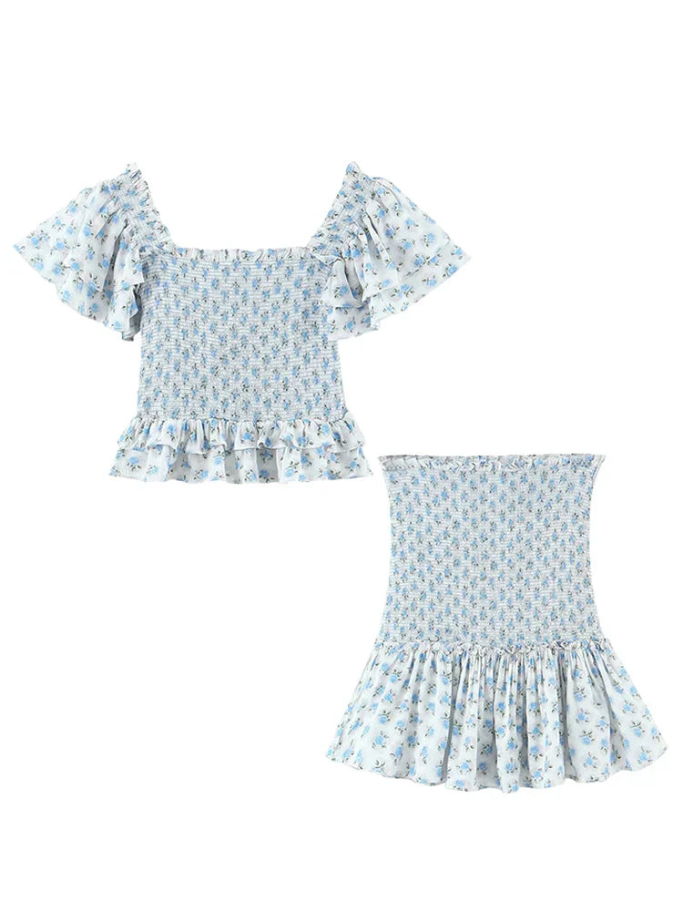 lovwvol Ruffles Tiered Floral Print Blue Women Summer Bodycom Mini Dress Set Butterfly Sleeve Vintage French Style 2 Pcs Outfit