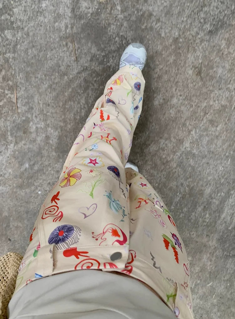 lovwvol Summer Women Painted Printing Pant Leisure Pocket Design Loose Cargo Pants Y2k Style Vintage Female Pantalones