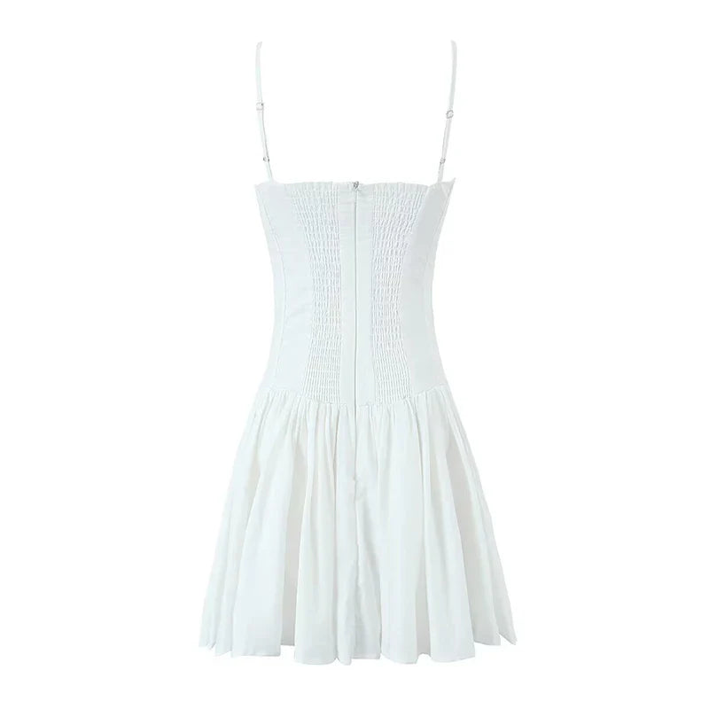 lovwvol Sexy Women White A-line Slim Mini Dress Low Waist Pleated Hem Female Summer Party Robe Cotton