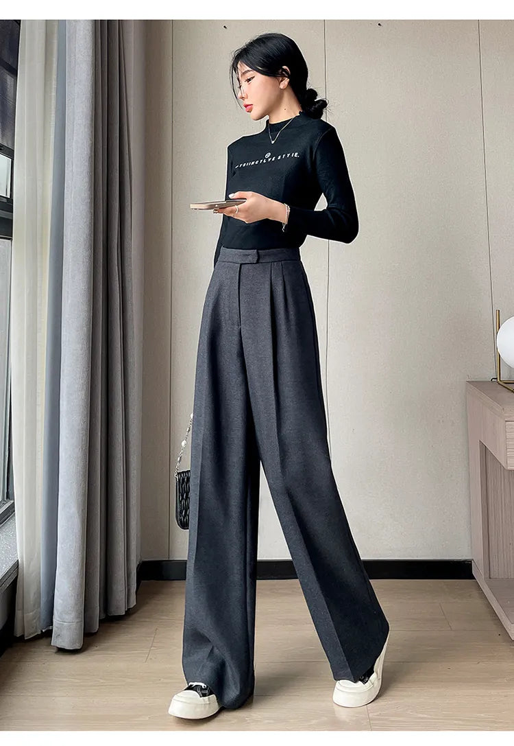 Autumn Slim High Waist Straight Women's Pants Casual Solid Color Loose Chic Female Wide Leg Pants Fashion Office Ladies