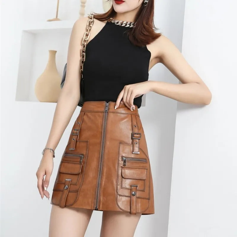 lovwvol Sexy Women High Waist Buckle Pockets A Line Mini Skirt Vintage Oil Wax Soft Sheepskin Genuine Leather Skirt Short Female Faldas