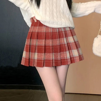 lovwvol Preppy Style Winter Plaid Vintage Pleated Mini Wool Skirt For Women High Waist Thicken Casual School Cute Short Skirt Female