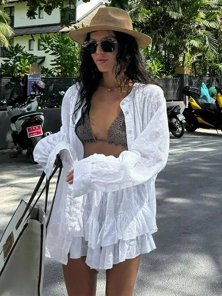 lovwvol White Long Sleeved Shirt Shorts Sets Women Loose Round Neck Single Breasted Blouse Suit 2024 Summer Fashion Lady Streetwears