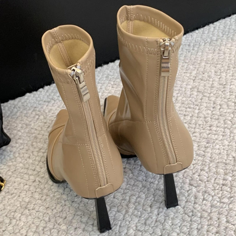 Fashion Women 7cm High Heels Chic Ankle Boots Winter Warm Fur Pointed Toe Sock Boots Beige Back Zipper Stretch Short Boots Shoes