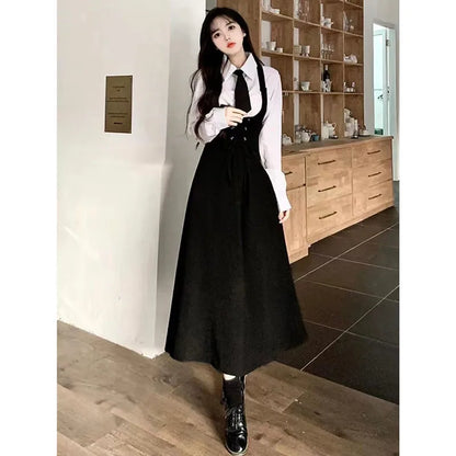 French Hepburn Style Suspender Dress Women's Spring and Autumn New Style All-match Waist Slimming Design Shirt Two-piece Skirt