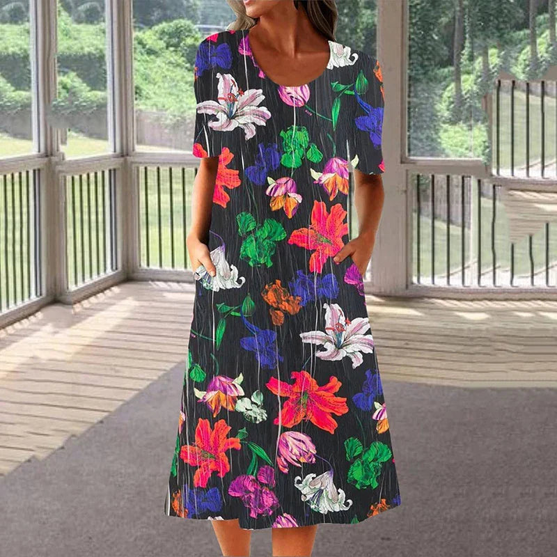 lovwvol Summer Holiday Dress Women Vintage Print Short Sleeve O Neck Pocket Casual Long Dress Boho