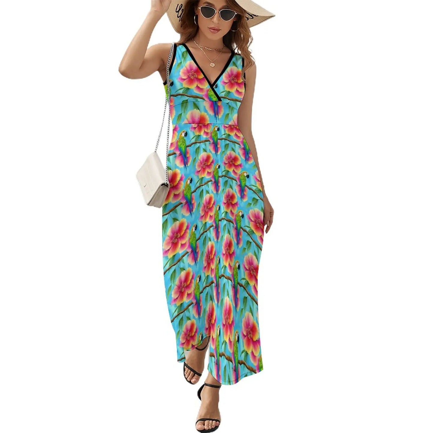 lovwvol Tropical Print Dress Female Orange Flowers Vintage Maxi Dress V Neck High Waist Aesthetic Design Boho Beach Long Dresses