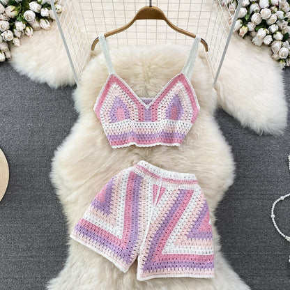 lovwvol Knitted Crochet Two Piece Set Women Sexy V-Neck Cropped Tank Top and High Waist Shorts Matching Summer 2023 Beach Outfits