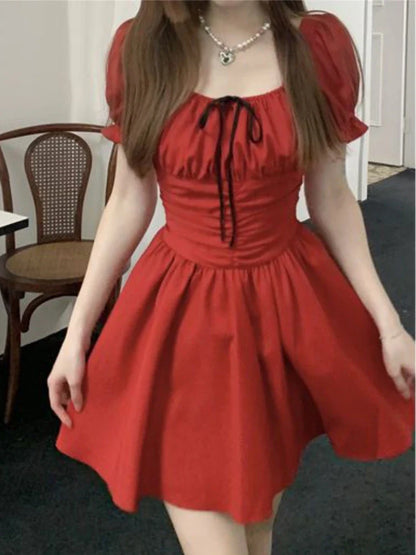 lovwvol Red Puff Sleeve Dresses Women Mini Summer Temper Hotsweet Girlish Kawaii Clothes Folds Vestidos Vintage Korean Trendy Streetwear