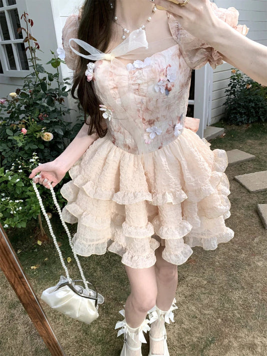 lovwvol Lolita Kawaii Sweet Mini Dress Women Elegant Retro Lace Floral Party Dress 2024 Summer Japanese Style Vintage One Piece Dress