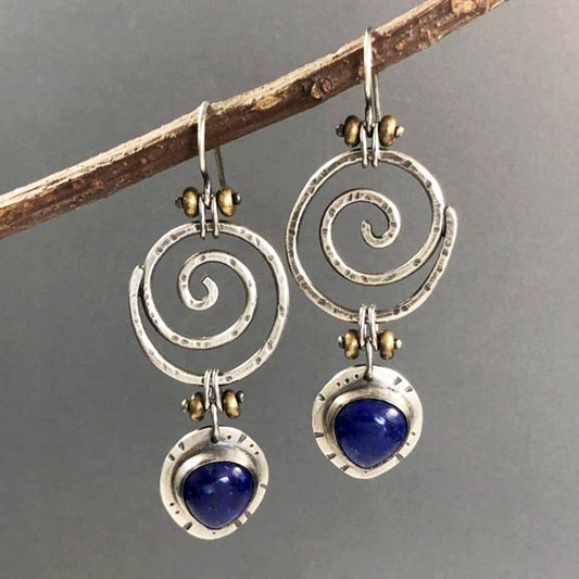 Ethnic Silver Color Blue Stone Drop Earrings Tribal Jewelry Vintage Metal Hollow Spiral Dangle Earrings for Women