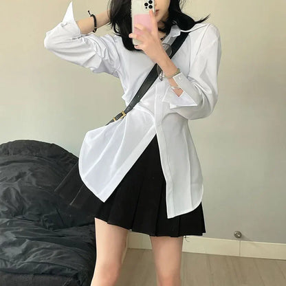 lovwvol White Tunic Women Blouses Korean Fashion Chic Vintage Sexy Tops Ladies Office Wear Long Sleeve Shirts Female Streetwear