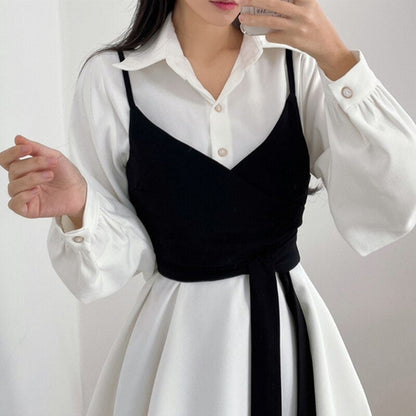 lovwvol Korean Chic Wrap-around Vest Sling Outdoor + Irregular Puff Sleeve Dress Women's Summer Two-piece Set Midi Dress