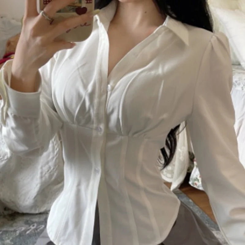 lovwvol Sexy White Women Blouses Tunics Korean Fashion Shirt Chic Harajuku Preppy Elegant Female Japanese Style Casual JK Slim