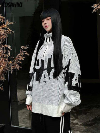 lovwvol  -  Men and Women Letter Jacquard Grunge Sweaters Y2k Aesthetic Half High Collar Zipper Jumpers Knitted Harajuku Oversized Pullovers