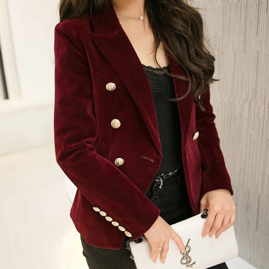 New Spring Fashion Women Midnight Navy Slim Velvet Blazer Office Lady Double Breasted Suit Jacket Coat Female Party Clothes Gift