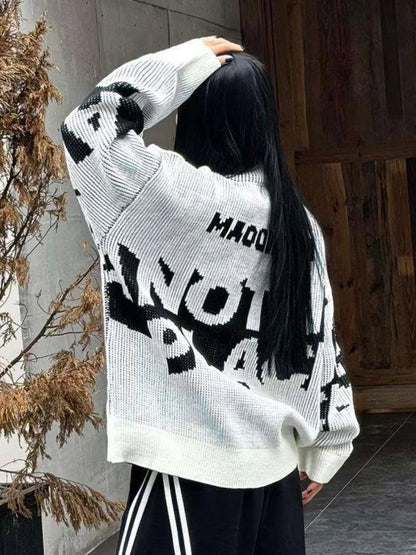 lovwvol  -  Men and Women Letter Jacquard Grunge Sweaters Y2k Aesthetic Half High Collar Zipper Jumpers Knitted Harajuku Oversized Pullovers